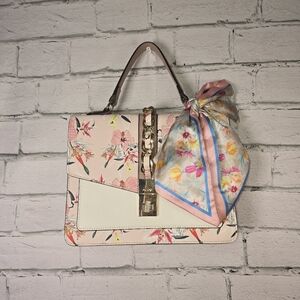Aldo Pink And White Floral Handbag, Scarf Accent, Chain Accents On Strap